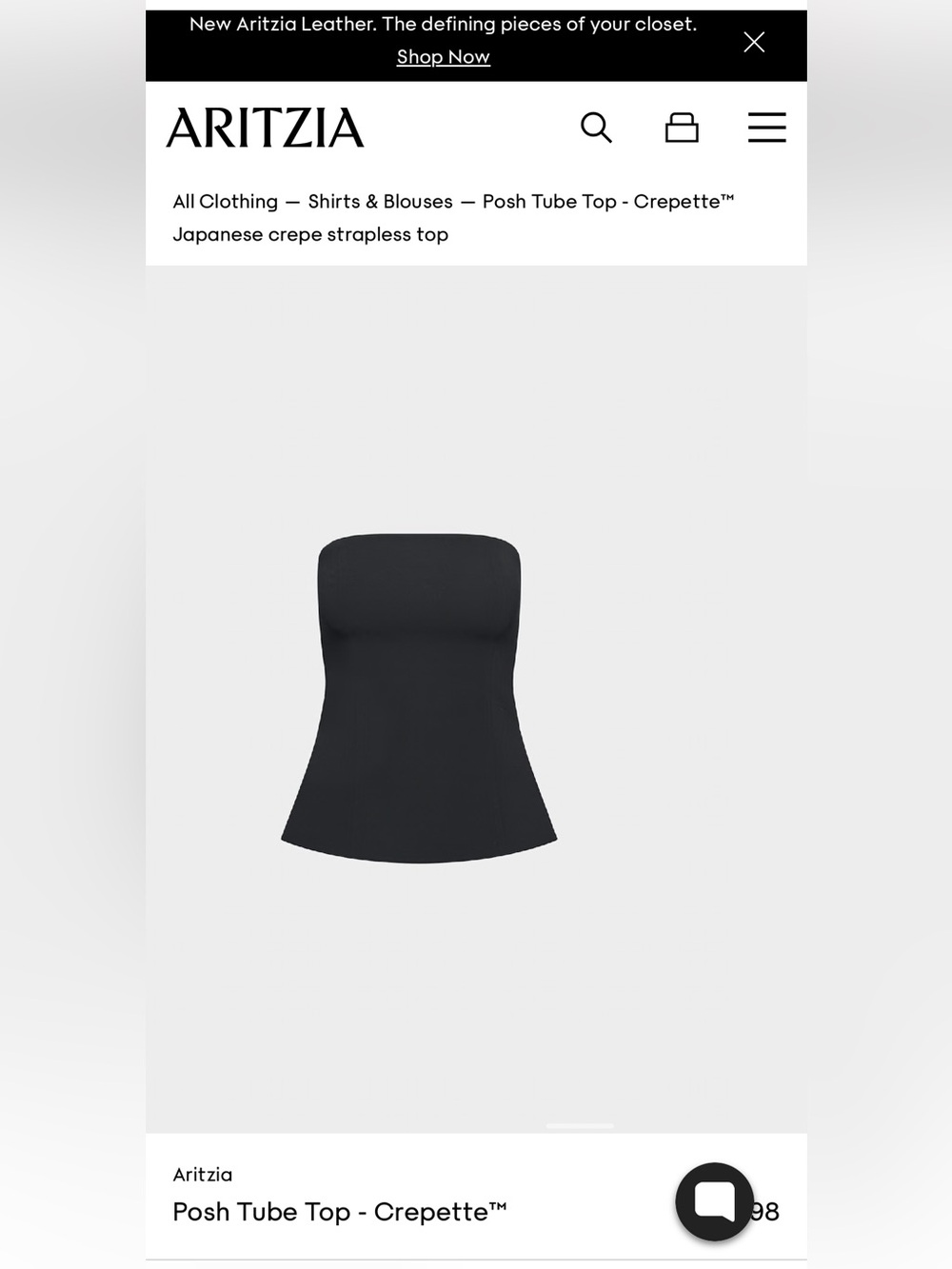 Aritzia Posh Tube Top - Black Crepe Strapless Bandeau